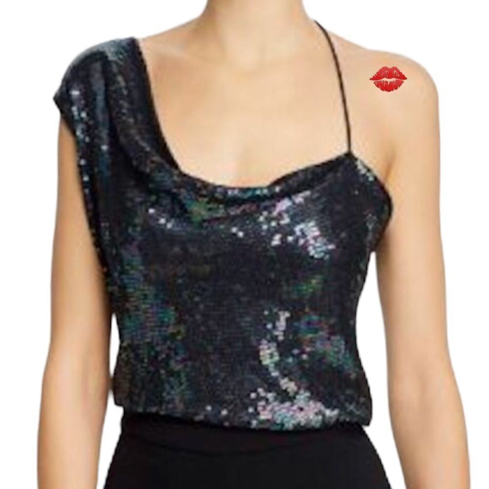 Cushnie Black Draped Neck Satin Asymmetrical Hem Sleeveless Top New Size 6